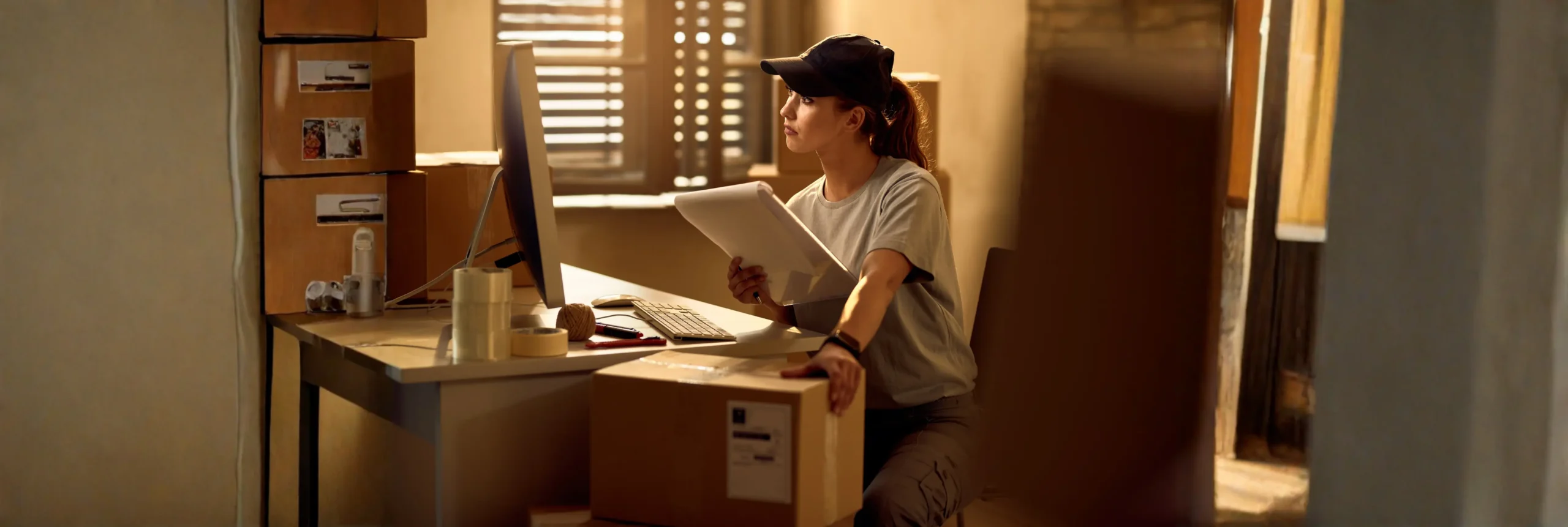 Woman wearing a cap sits at a desk in a storage/packing area, holding a folder and looking at the computer monitor.